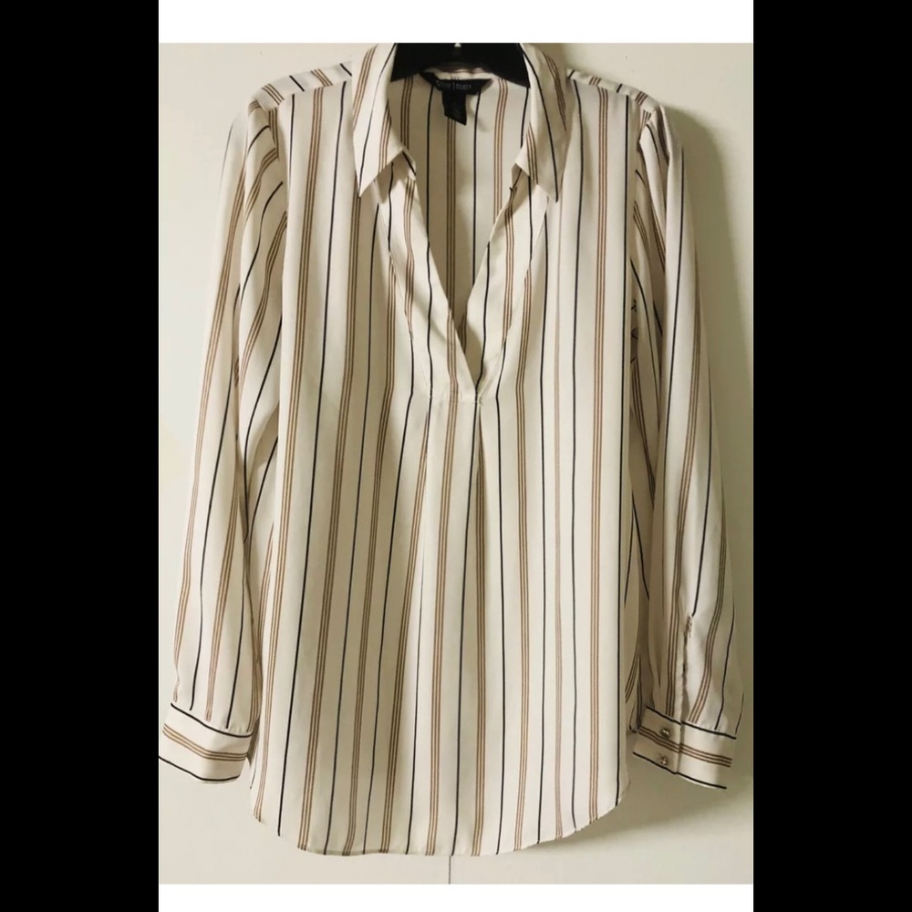 White House Black Market Shirt Blouse Sz 4 Career🦋 Striped🌟Metal Buttons